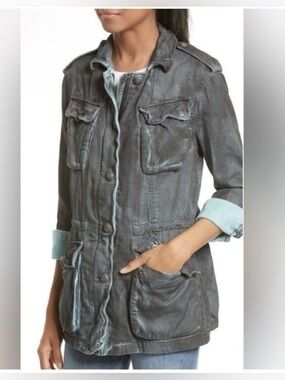 Free People Distressed Gray Utility Jacket with Chest & Patch Pockets